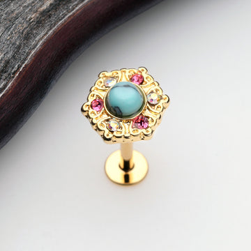 Detail View 1 of Golden Ornate Mandala Sparkle Turquoise Labret-Aurora Borealis/Pink/Turquoise